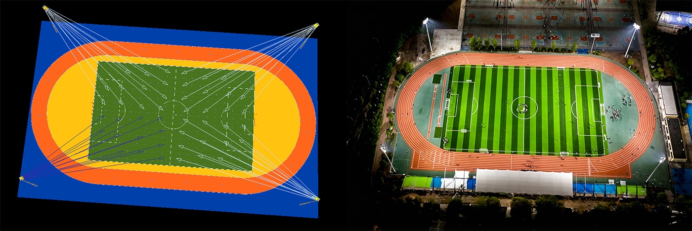 Four-corner high tower sports field lighting layout